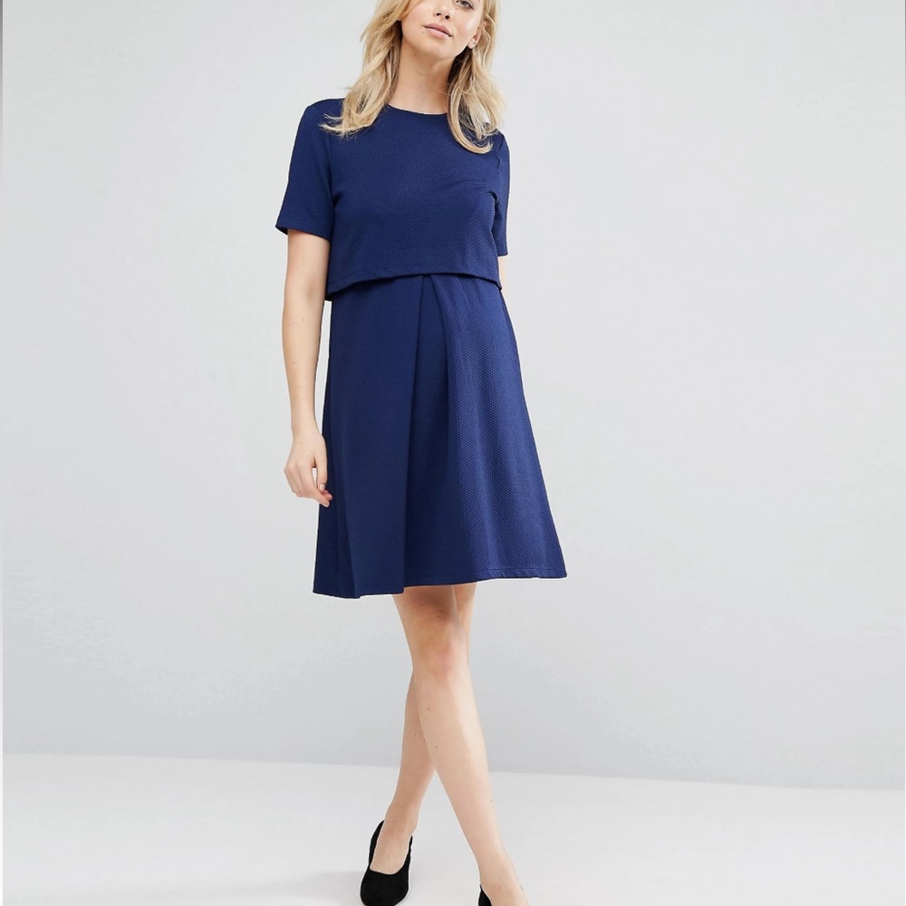 ASOS Maternity Nursing Textured Skater Dress with Double layer. Navy. Size 4